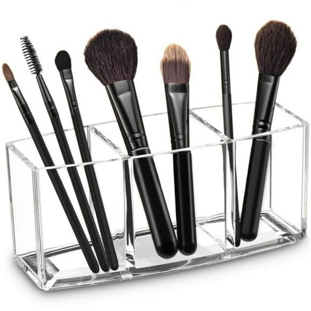 Clear Acrylic Makeup Brush Holder Organizer with 3 Slot Cosmetic Storage Stand